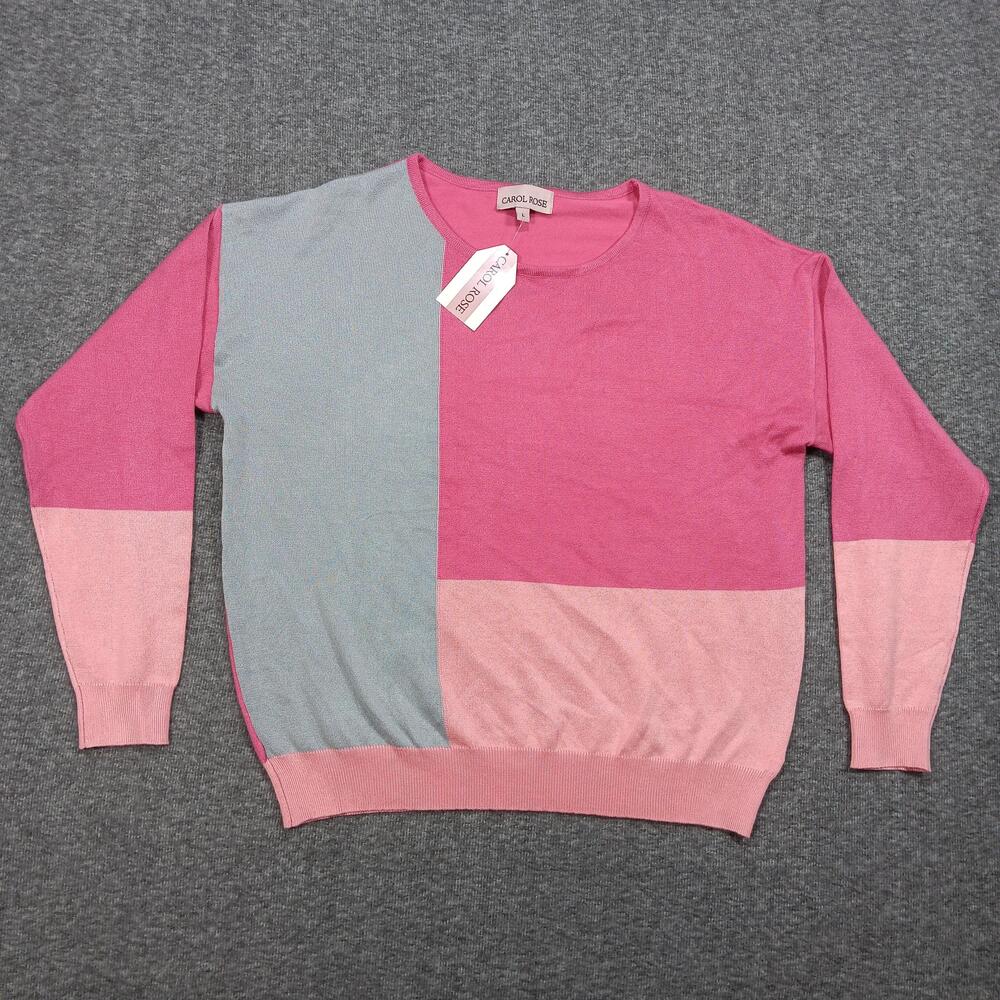Carol Rose Sweater Womens Large Pink Colorblock Crewneck Lightweight Sherbet